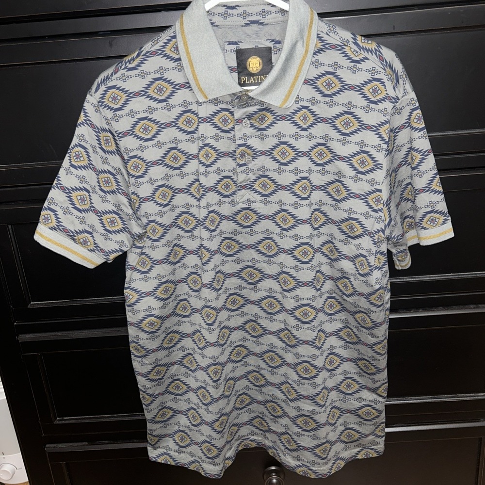 PLATINI Aztec‎ Print Polo 100% Cotton Shirt Size XL Green/Gold/Blue